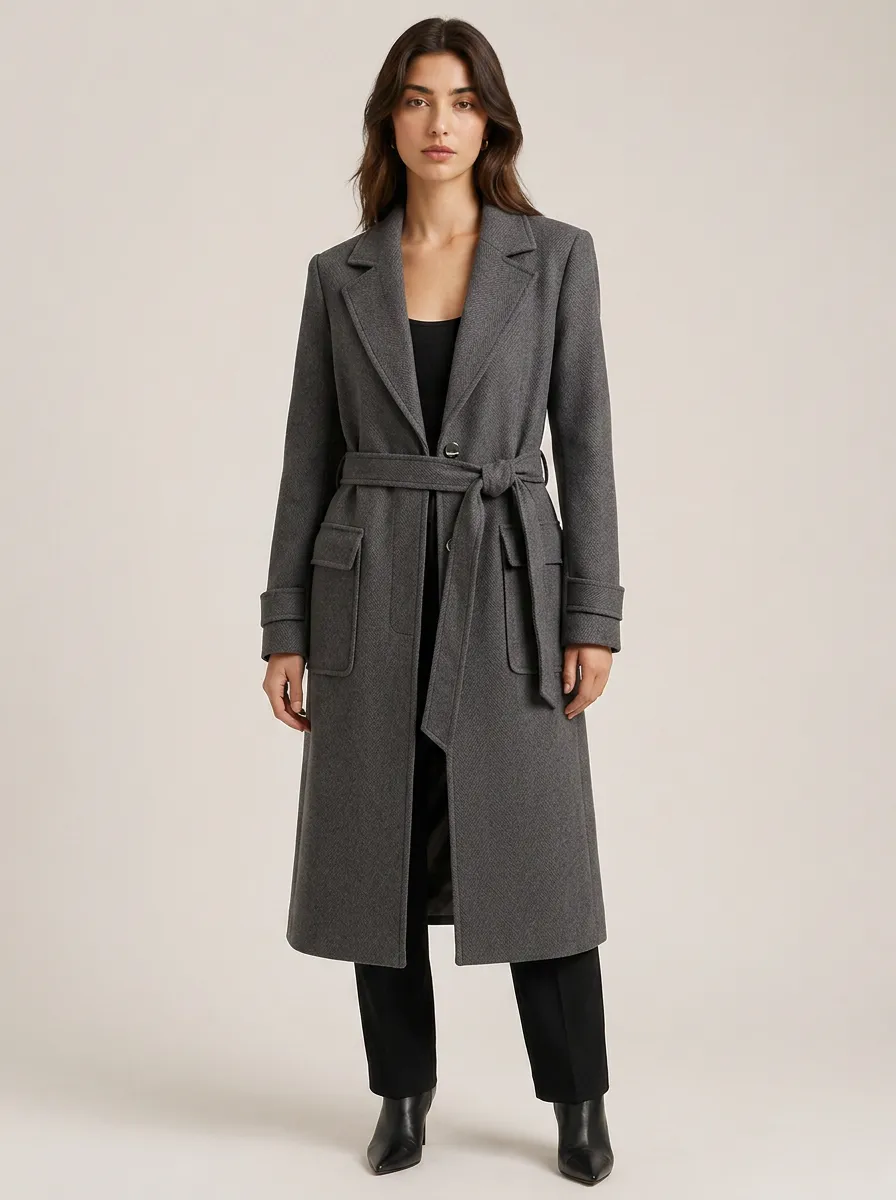 Women's Minimalist Grey Herringbone Belted Wool Blend Overcoat