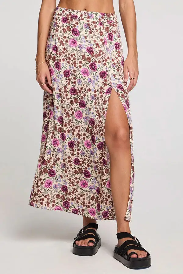 Pink Floral Print Front Slit Midi Skirt