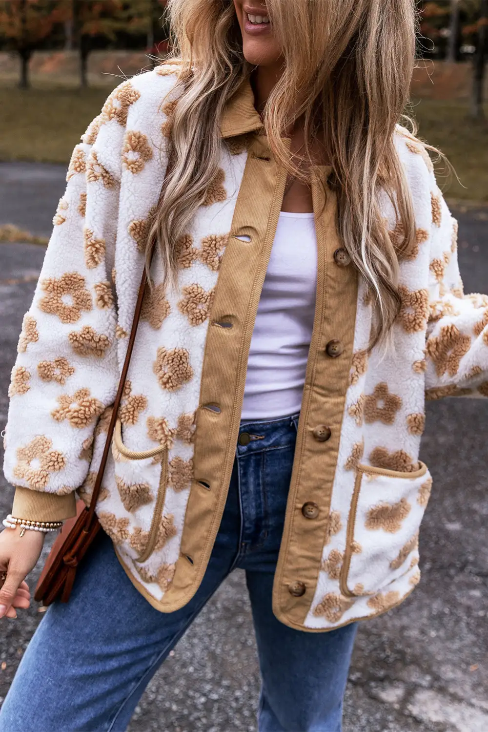 Women's Cute Flower Pattern Button Up Fleece Jacket