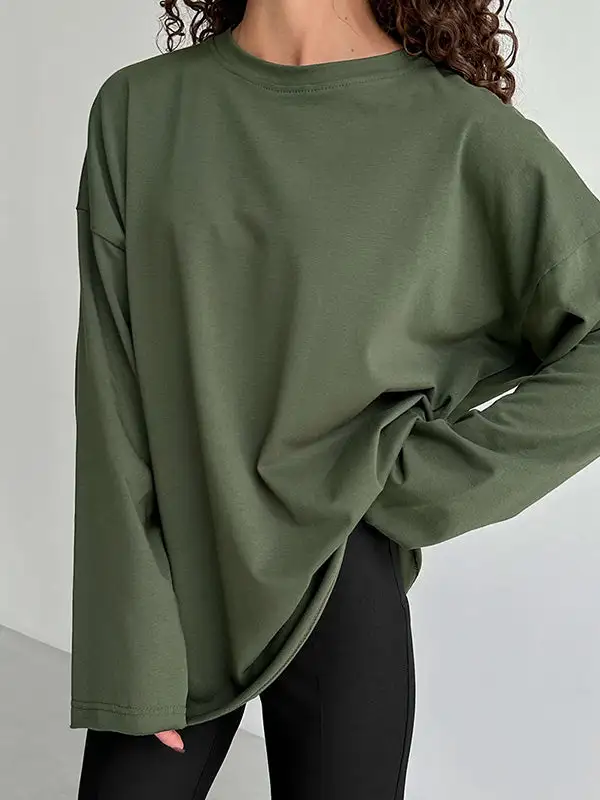 Long Sleeve Relaxed Round Neck Cotton T-Shirt