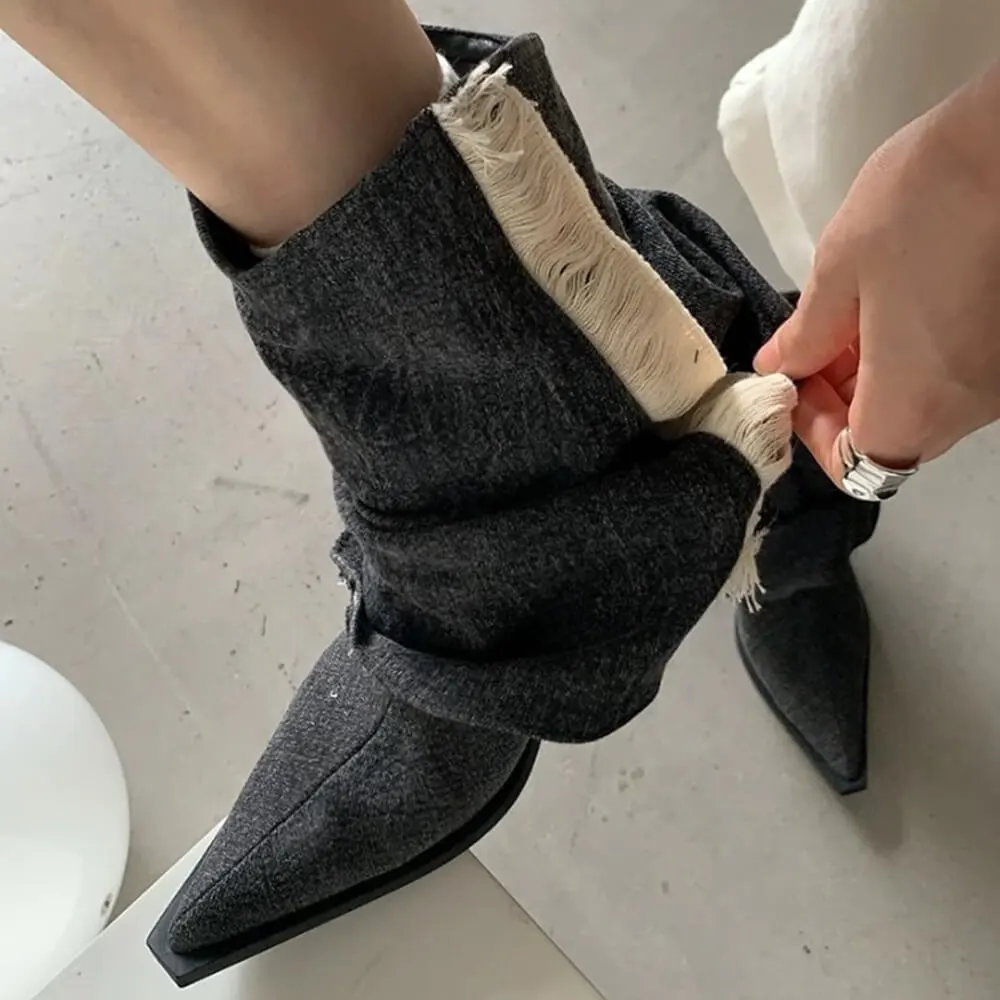 Y2K Style Distressed Black Denim Boots