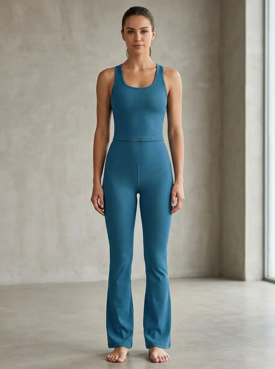 Women's Heritage Inspired Ribbed Yoga Inspired Fitness Inspired Tank Top and Flare Pants Active Set