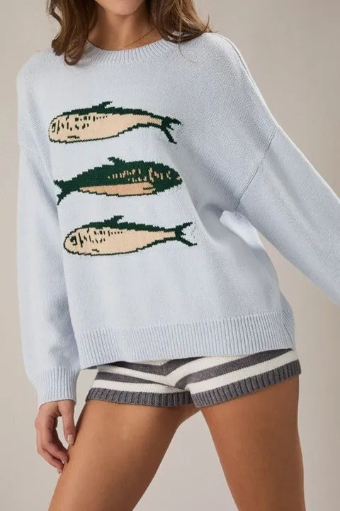 Baby Blue Fish Print Oversized Knit Sweater