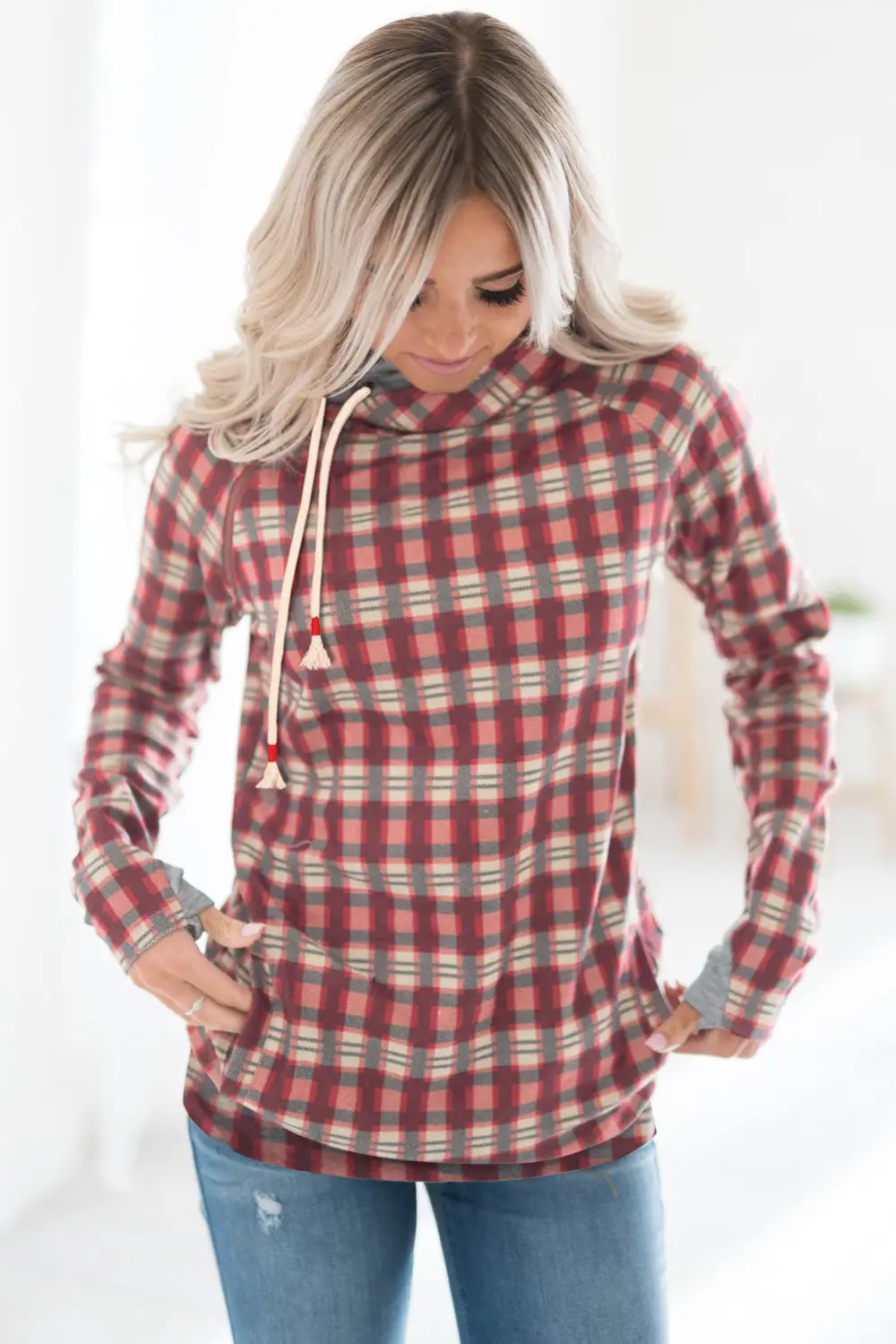 Cowl Neck Plaid Drawstring Thumb Hole Hoodie