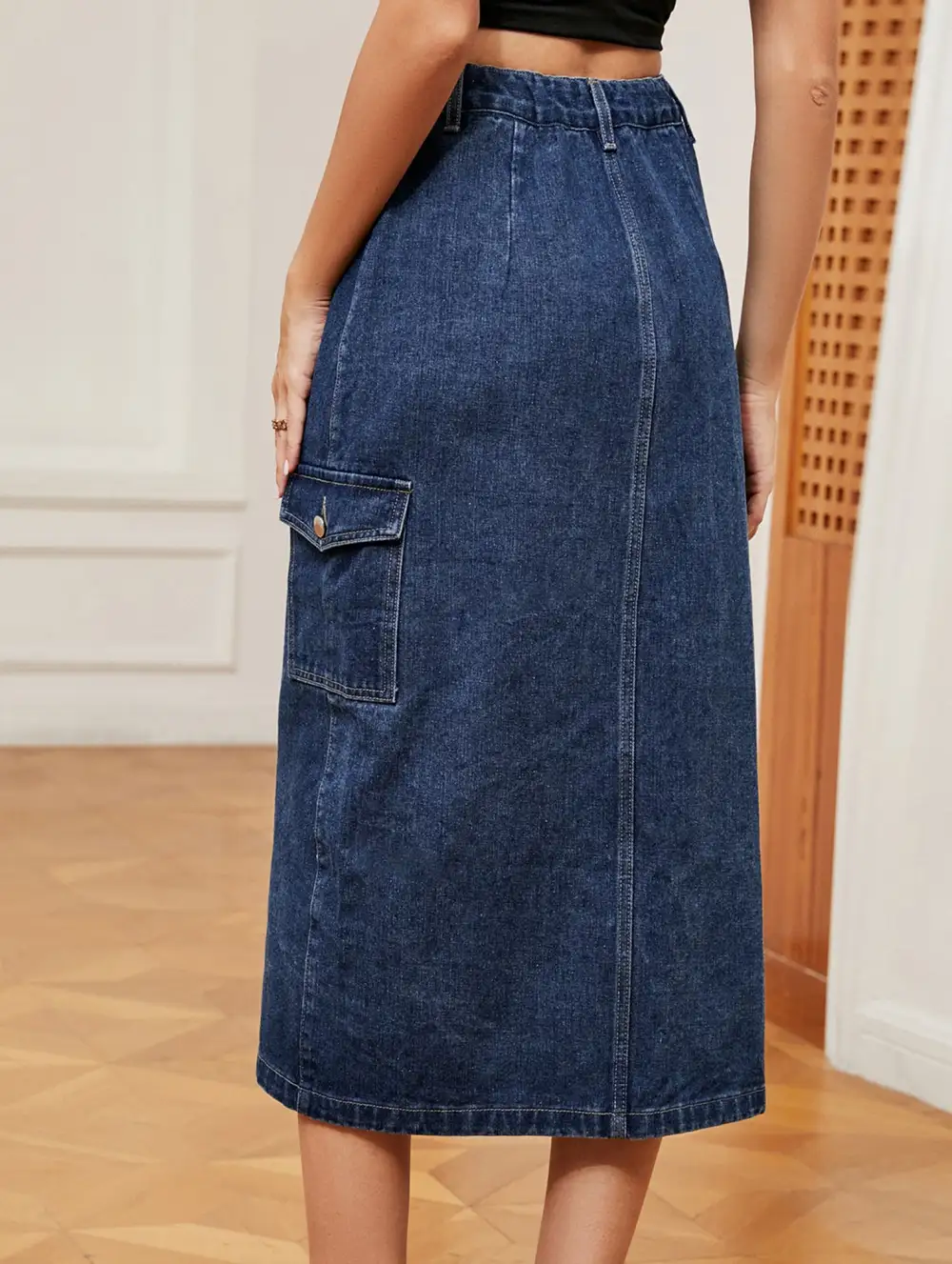 Denim Elastic Waist Midi Skirt