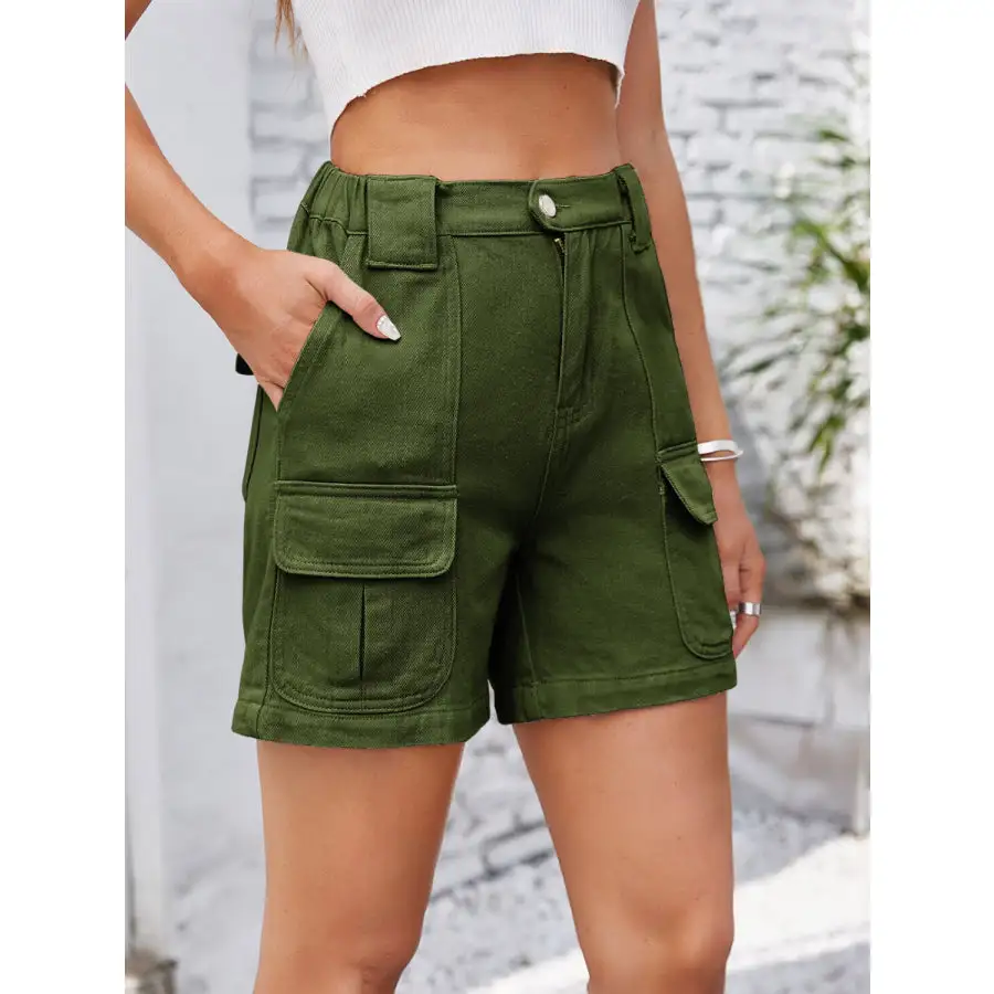 High Waist Pocketed Washed Denim Shorts