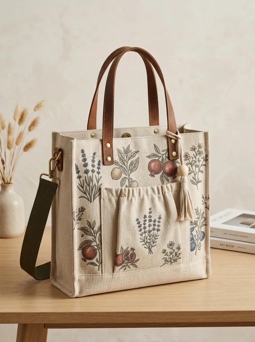 Women's Botanical Pomegranate Garden Printed Canvas Shoulder Tote Bag