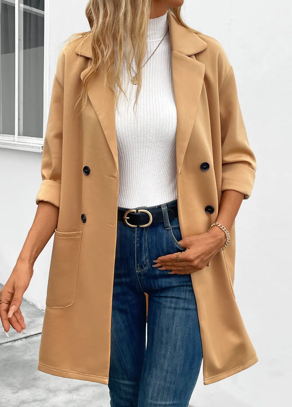 Light Camel Pocket Long Sleeve Lapel Coat