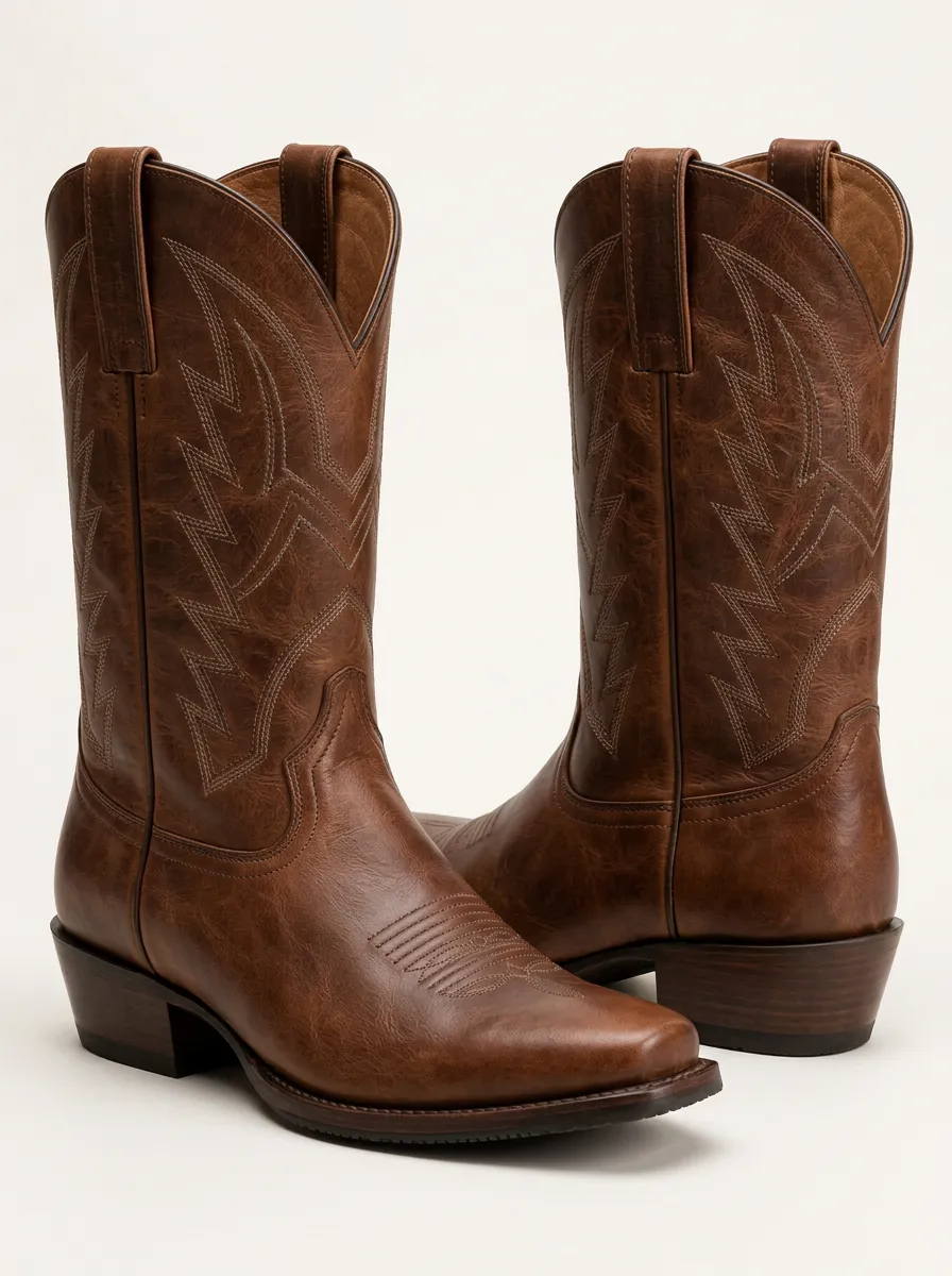 Men's Brown Western Boots with Pattern Print Stitch Detail
