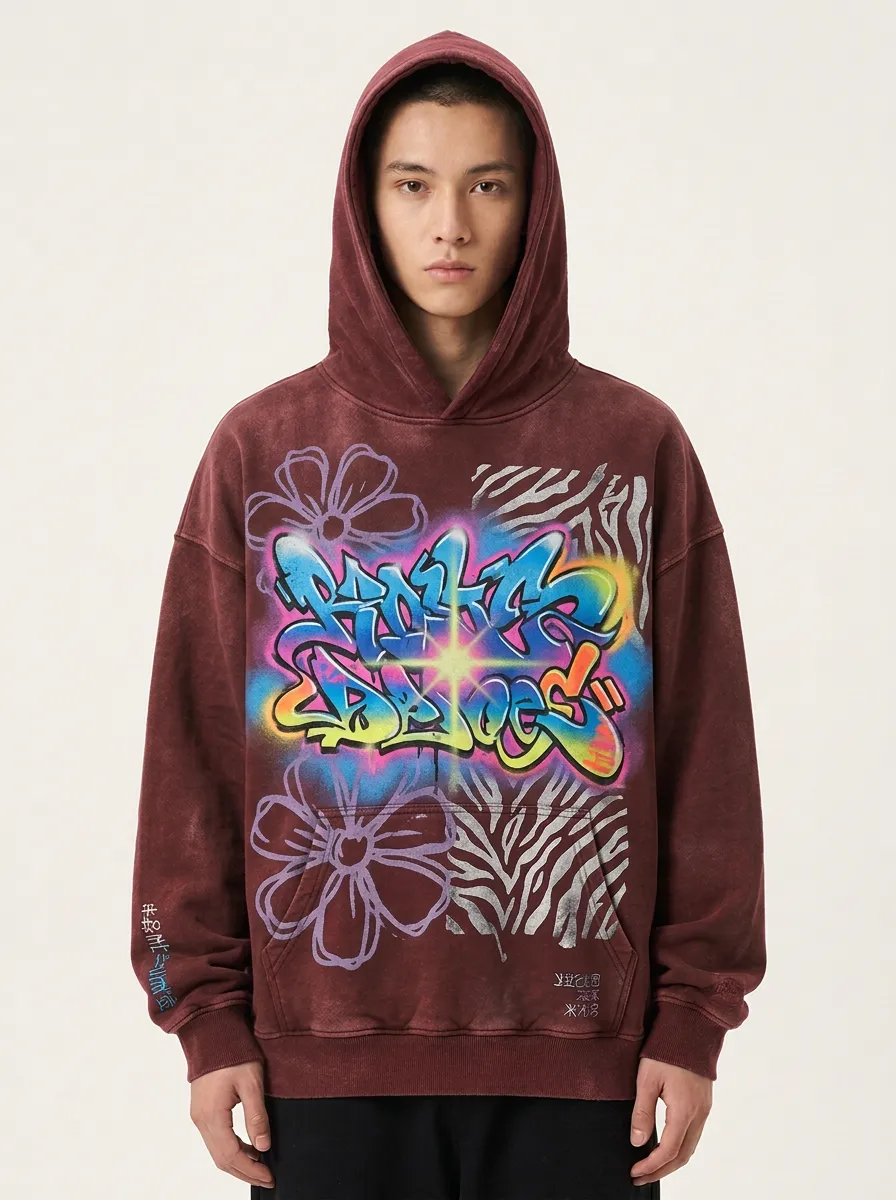 Unisex Streetwear Graffiti Flower Zebra Graphic Hoodie