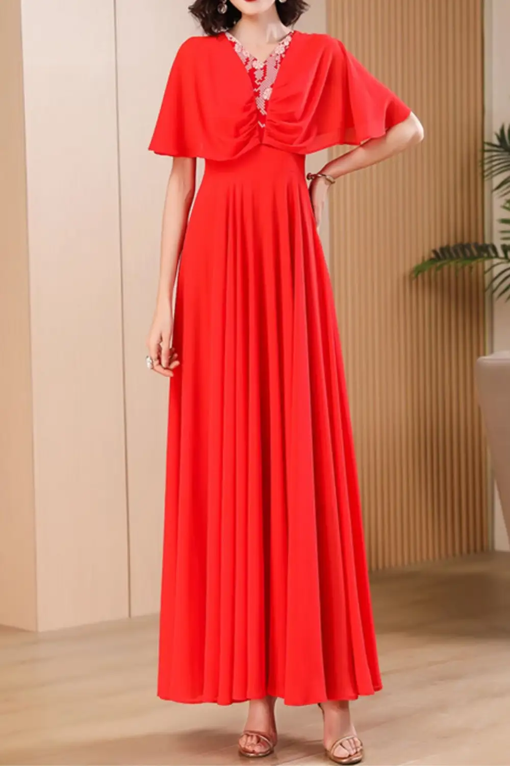 Refined Chiffon Swing V Neck Maxi Dress