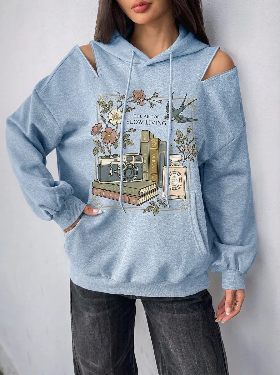 Women's Slow Living Book Camera Floral Printed Cold Shoulder Hoodie