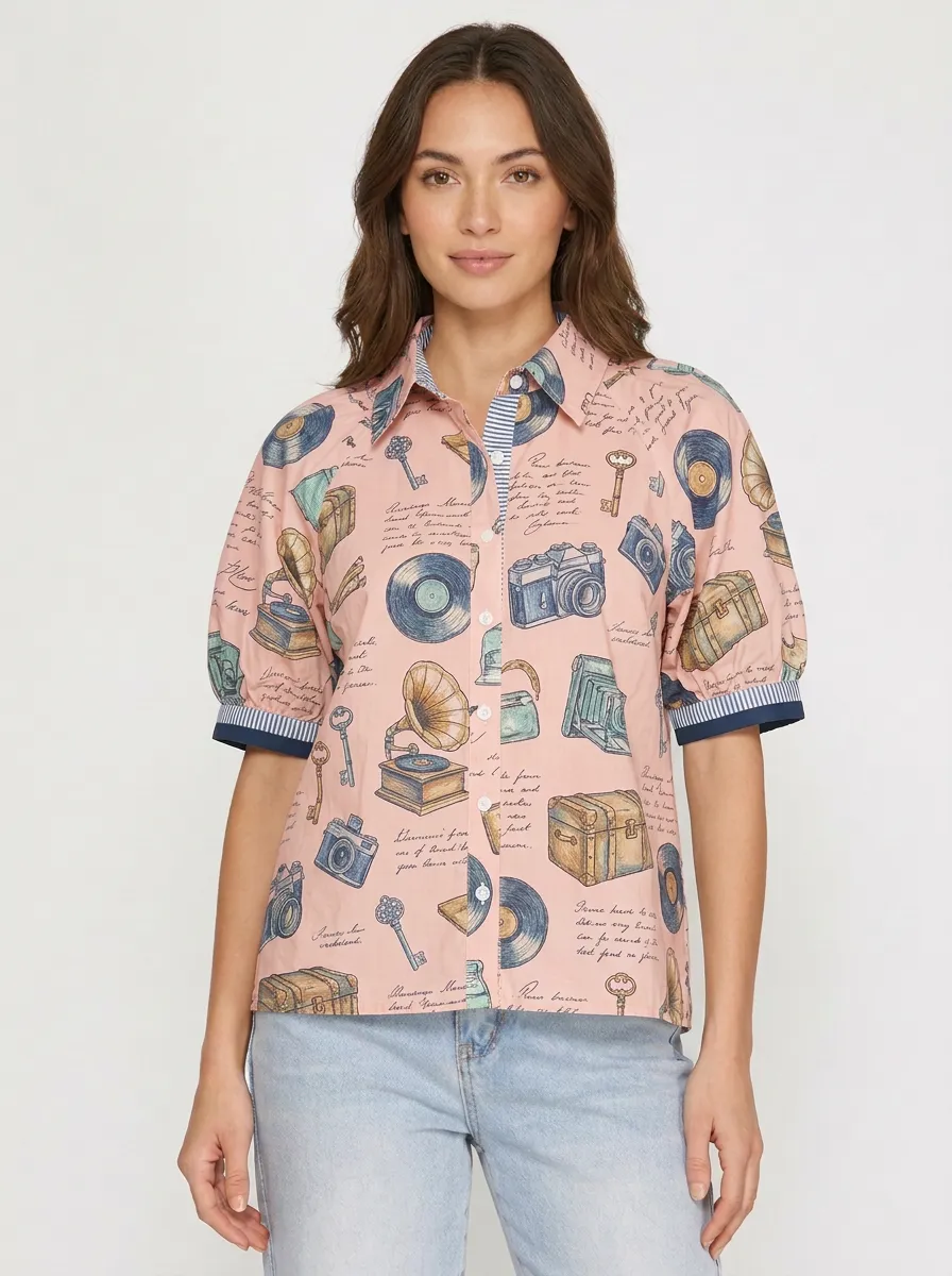 Women's Vintage Camera Phonograph Graphic Button-Up Shirt