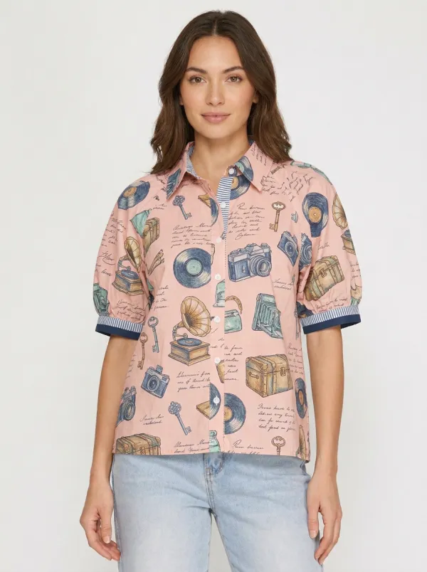 Women's Vintage Camera Phonograph Graphic Button-Up Shirt