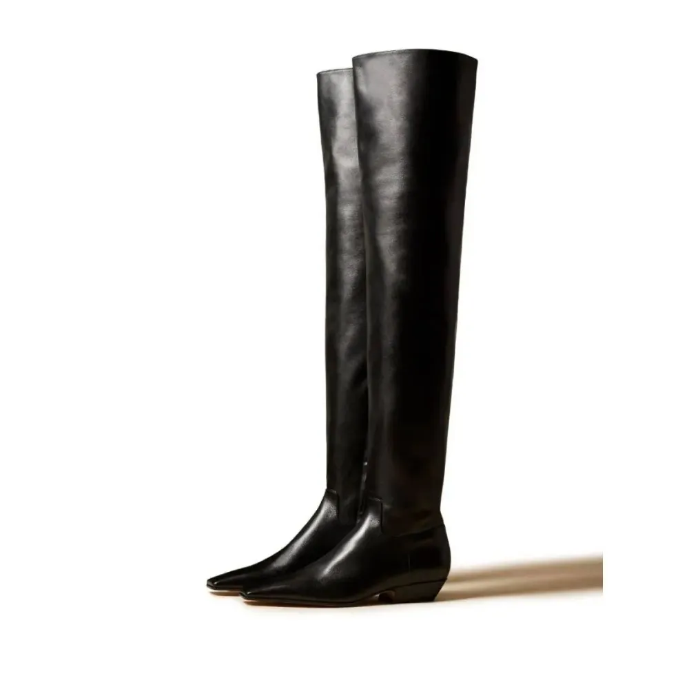 Faux-Leather Zip-Up Pull-On Square-Toe Over-the-Knee Boots