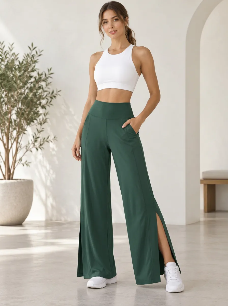 Women's High Waist Easygoing Sport Wide Leg Split Hem Active Pants