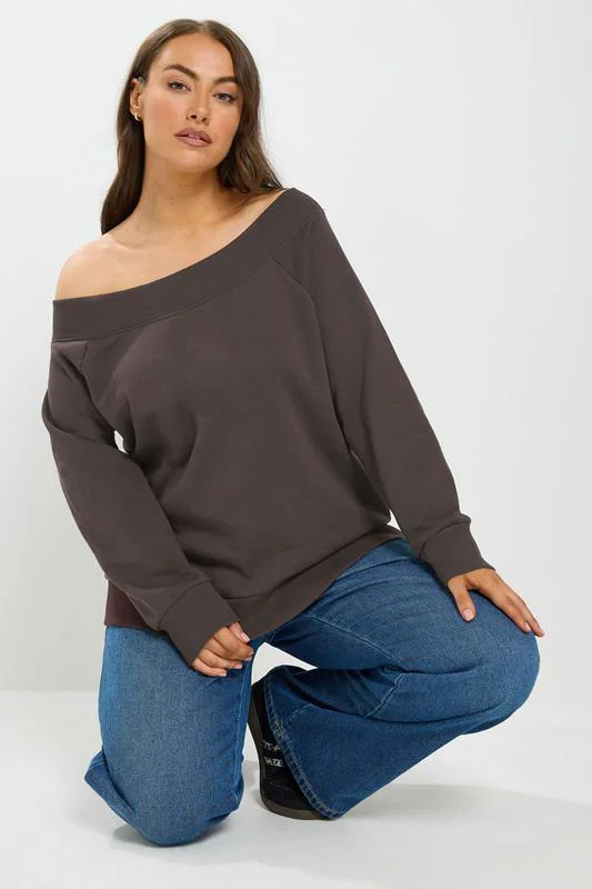 Chocolate Brown Off Shoulder Ribbed Sweatshirt detail 1