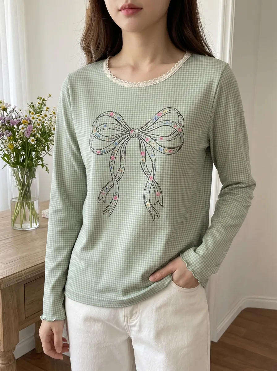 Women's Coquette Aesthetic Floral Bow Printed Gingham Long Sleeve Top