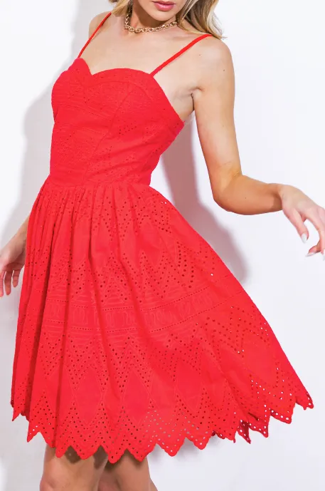 Red Eyelet Scallop Hem Mini Dress