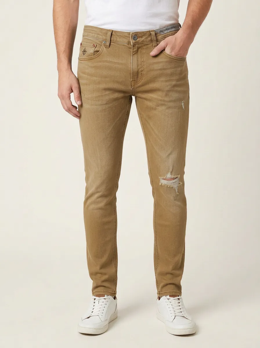Men's Mid-Blue Distressed Blue Denim Ripped Slim Fit Jeans