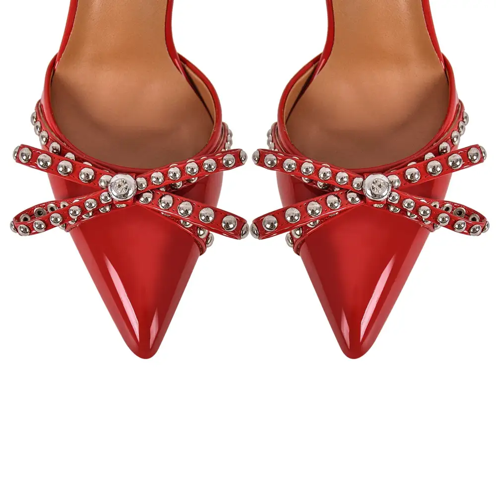 Sleek Rivet Pointed Toe Stiletto Ankle Strap Pumps