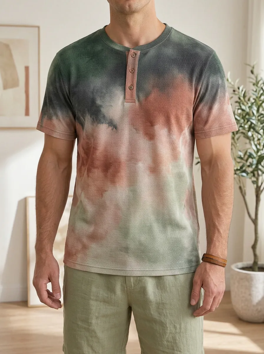 Men's Fresh Casual Tie-Dye Waffle Knit Henley T-Shirt