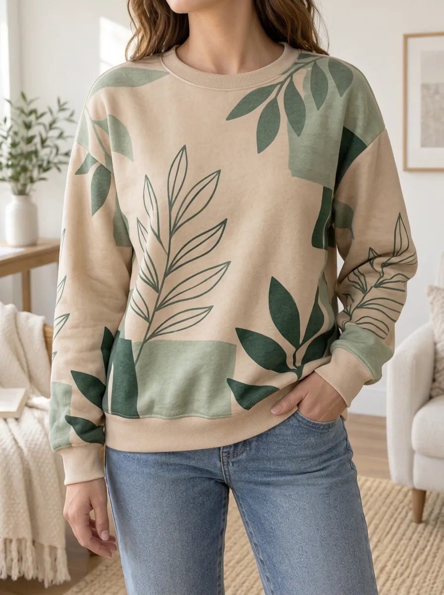 Women's Botanical Print Crewneck Sweatshirt Leaf Print