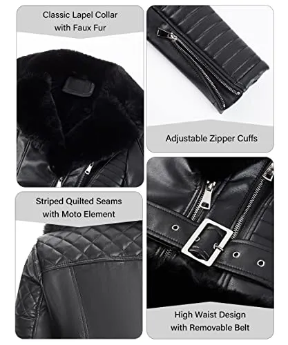 Women Faux Suede Leather Jacket Motorcycle Short Sherpa-Lined Coat with Removable Belt