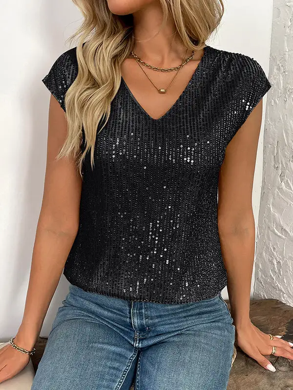 Batwing Sleeve Relaxed Sequined Shiny V-Neck T-Shirt