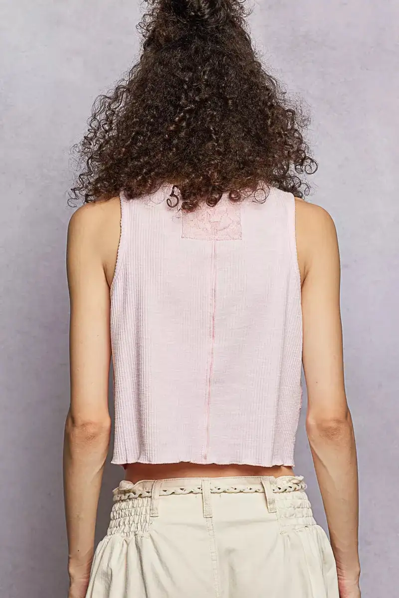 Ribbed Round Neck Cropped Tank With Lace