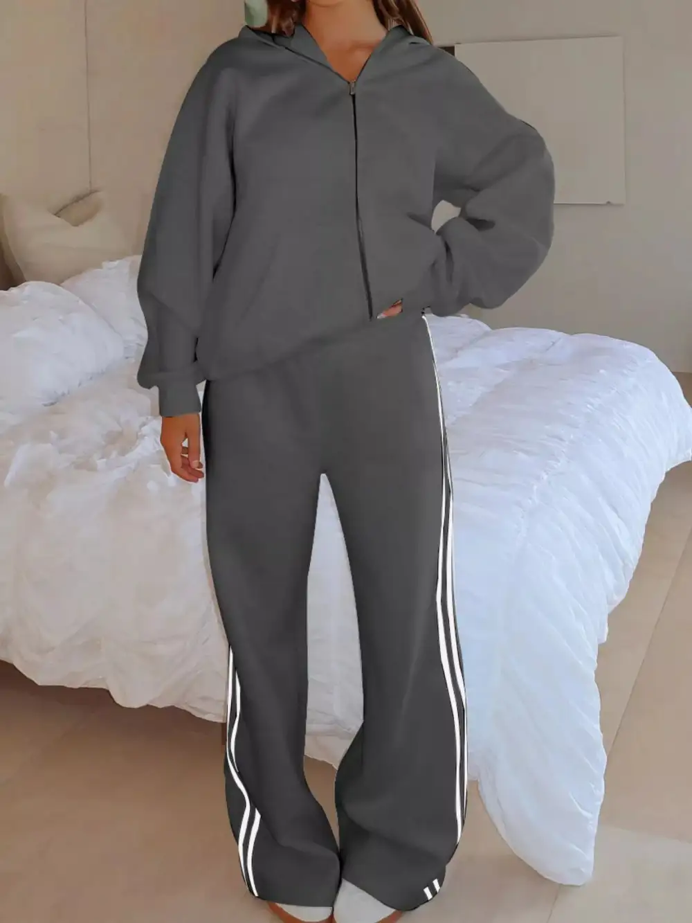 Zip Up Hoodie and Striped Pants Set