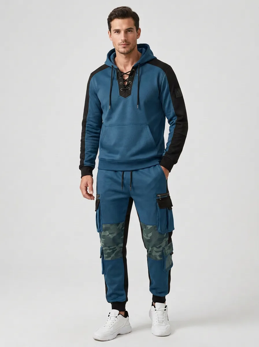Core Lace-Up Multi Pocket Collection Men's Lace Up Hoodie And Cargo Jogger Set