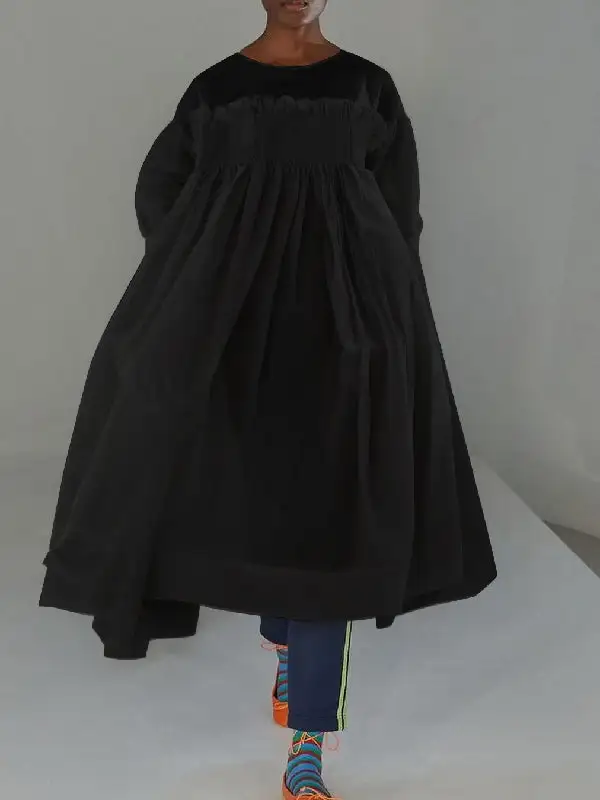 Women's Pleated Pocket Patchwork Mesh Midi Dress