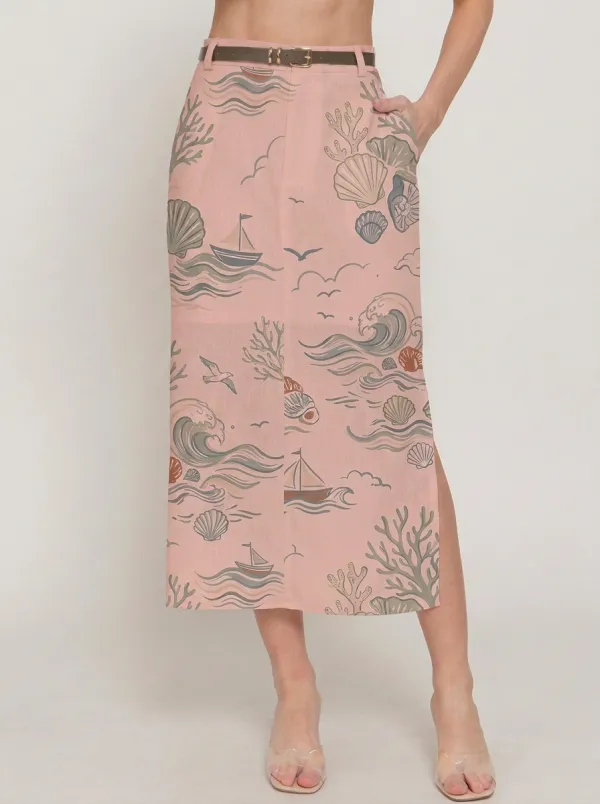 Women's Beach Lover Nautical Seashell Boat Printed Midi Skirt