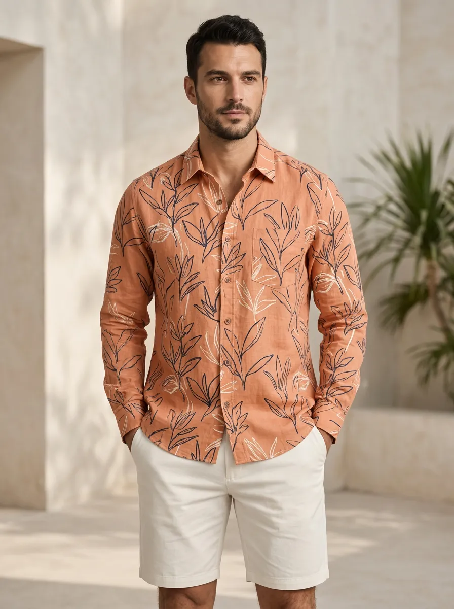 Men's Resort Inspired Botanical Printed Linen Shirt