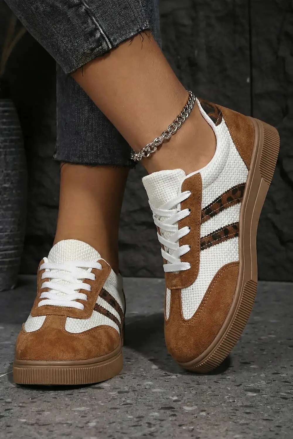 Textured Leopard Leather Woven Patchwork Casual Sneakers