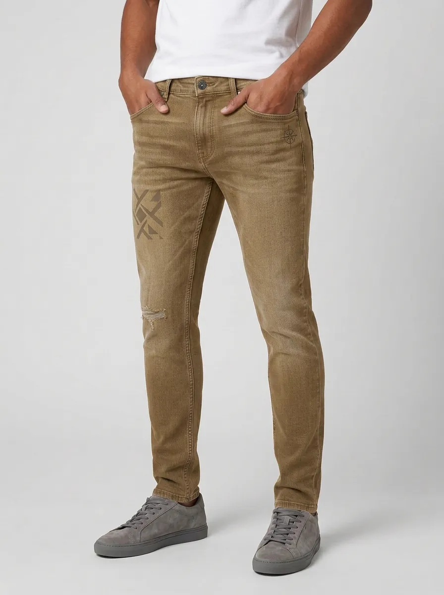 Men's Compass Graphic Distressed Printed Slim-Fit Jeans