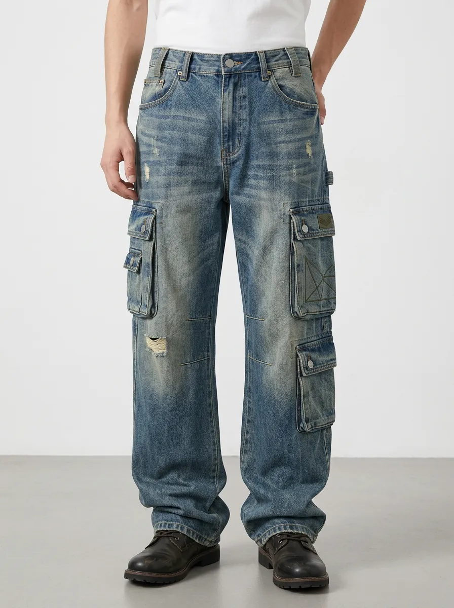 Men's Vintage Distressed Geometric Print Multi-Pocket Cargo Jeans