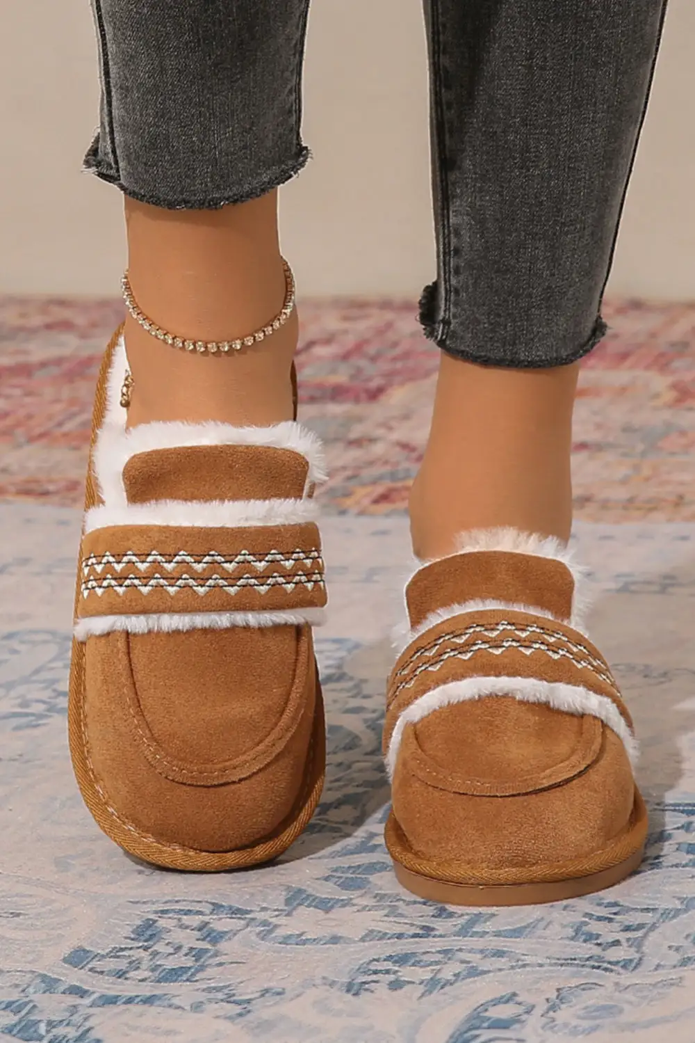 Suede Wavy Striped Plush Lined Home Slide Slippers