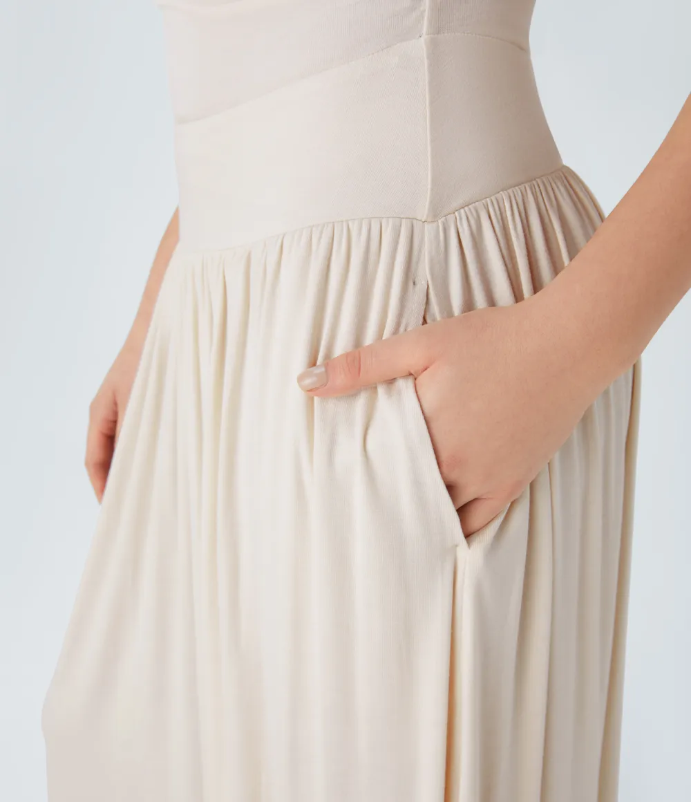Ribbed Boat Neck Ruched Side Pocket Flowy Maxi Casual Dress