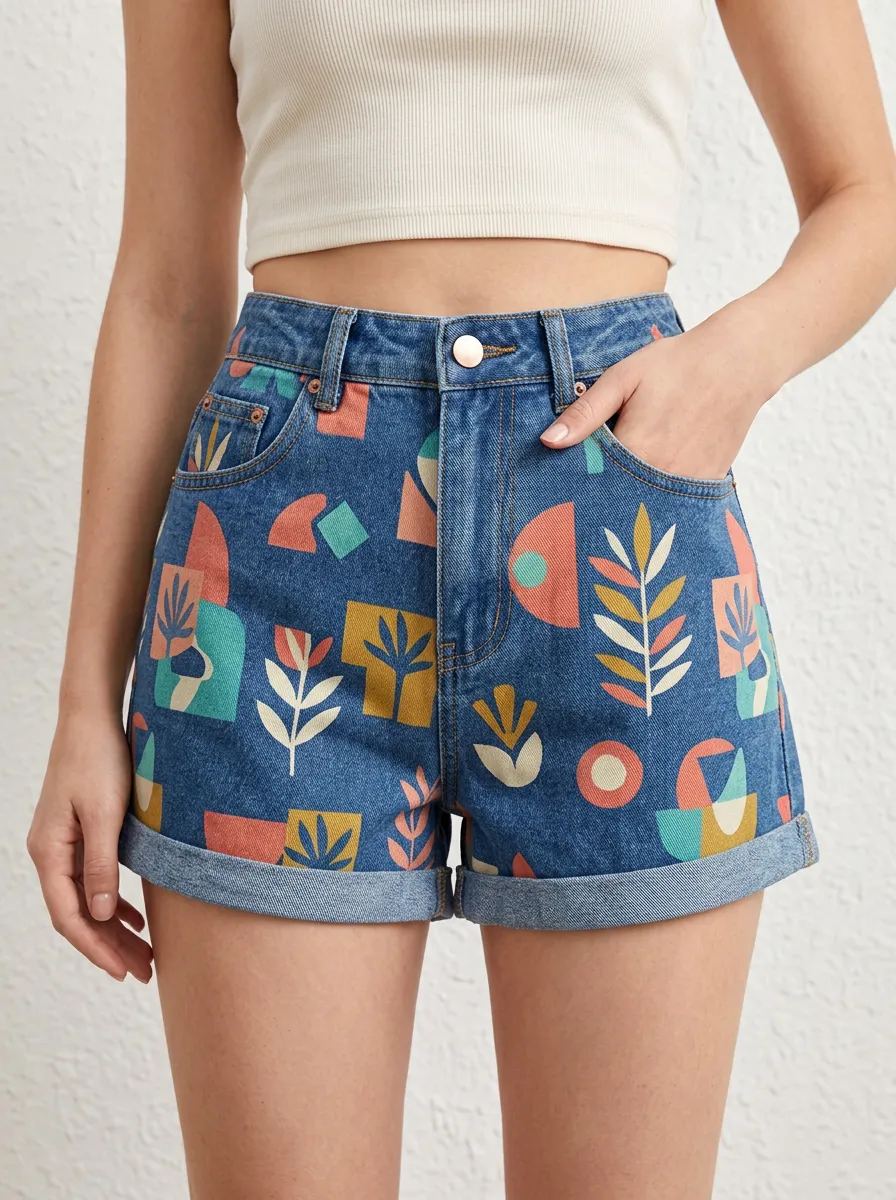 Women's Abstract Geometric Floral Printed Denim Shorts
