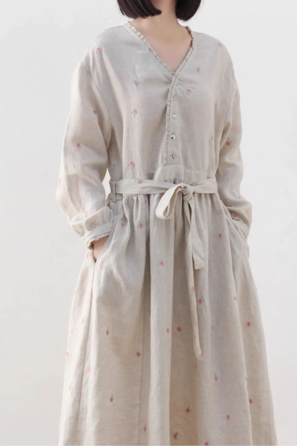 Floral Linen Ruffle Long Sleeve Midi Dress