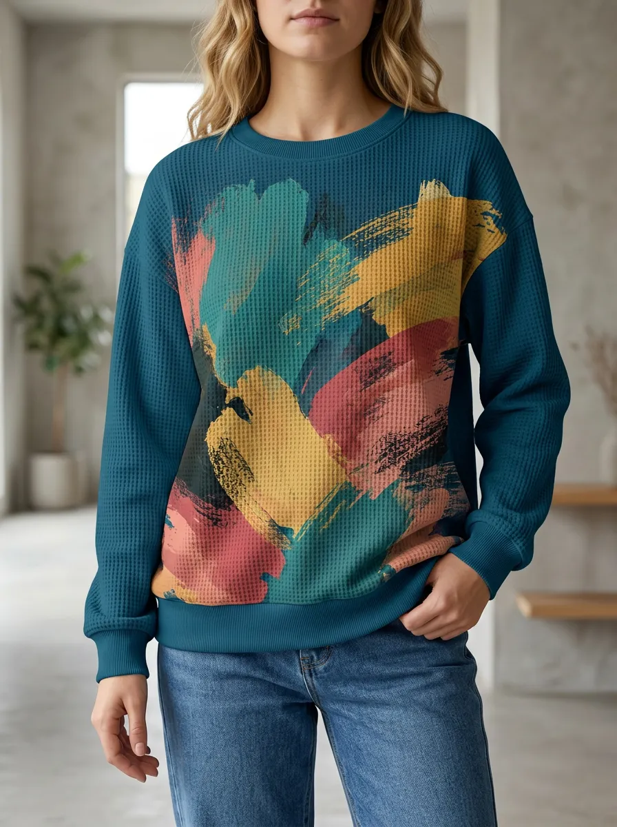Women's Abstract Brushstroke Graphic Waffle Knit Crewneck Sweatshirt