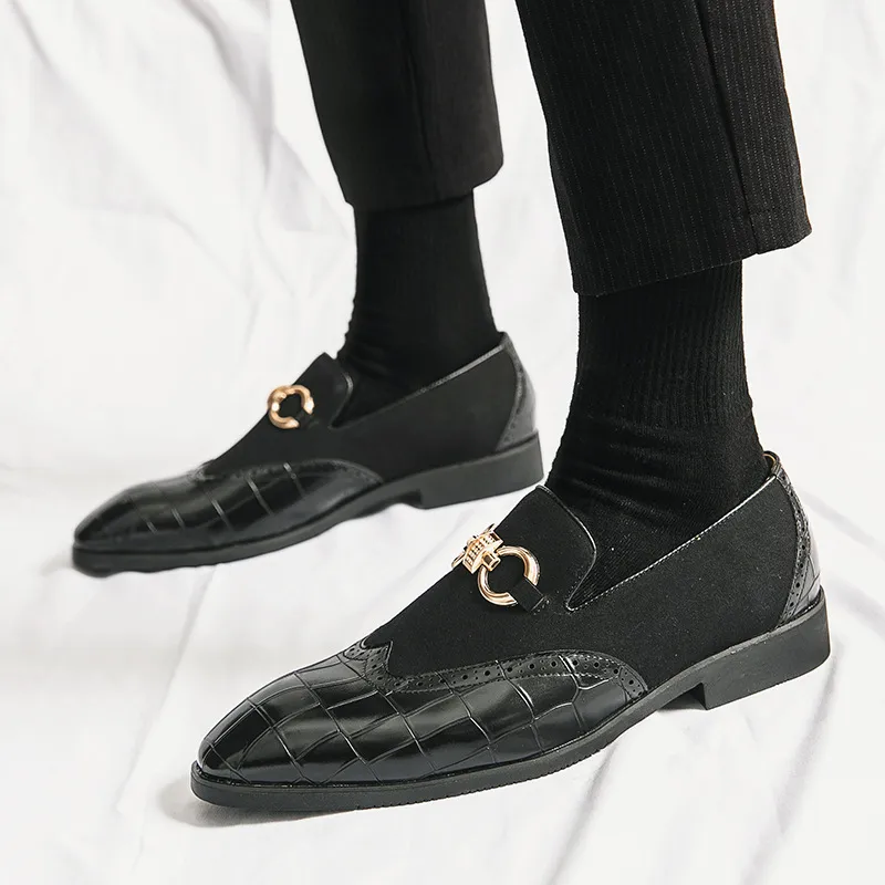 Men's Plaid Leather Patchwork Buckle Decor Slip On Pointed Toe Loafers Shoes