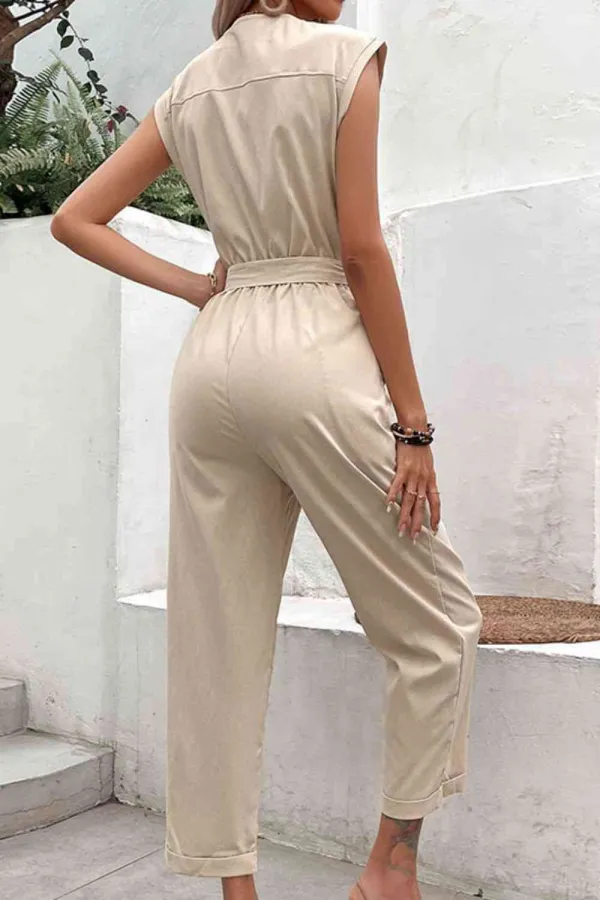 Capped Sleeve Belted V Neck Jumpsuit