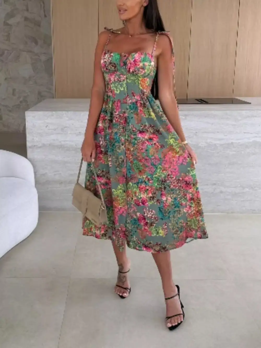 Printed Tie-strap Midi Dress