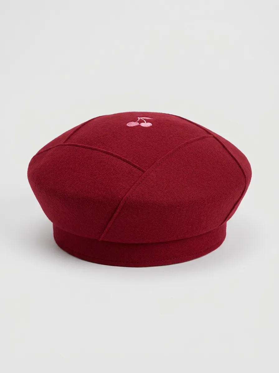 Unisex Cherry Lover Red Embroidered Wool Beret