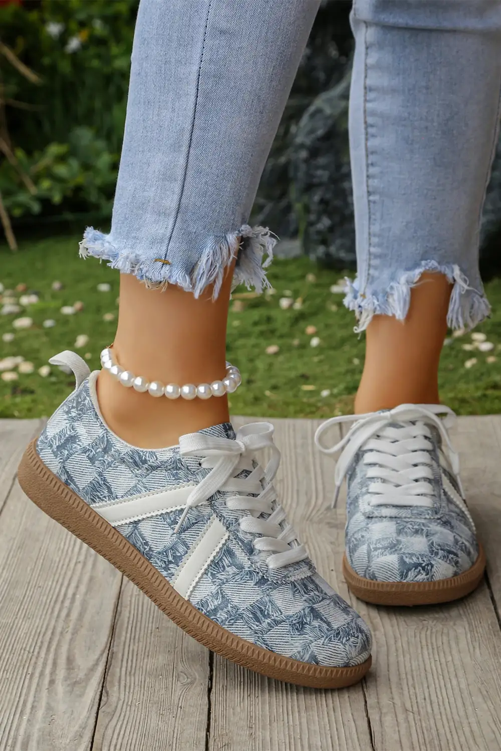 Checkered Denim Lace-Up Casual Sneakers