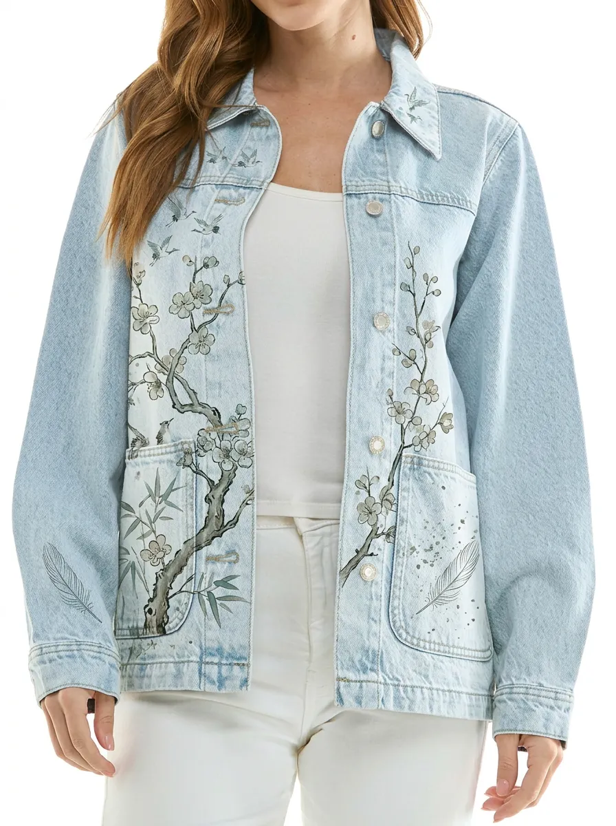 Women's Floral Nature Lover Cherry Blossom Feather Printed Denim Jacket