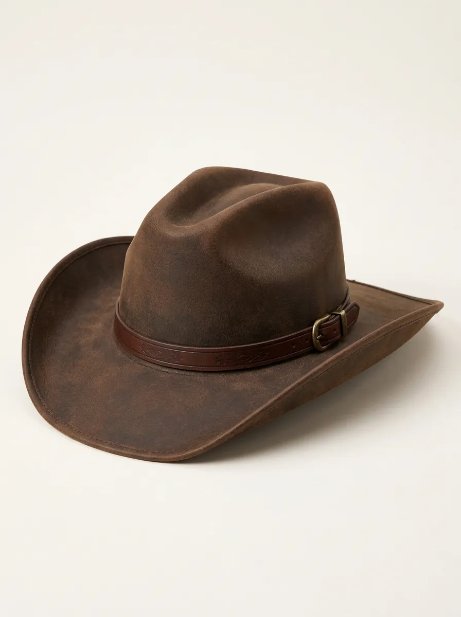 Brown Faux Leather Hat with Buckle Detail Band
